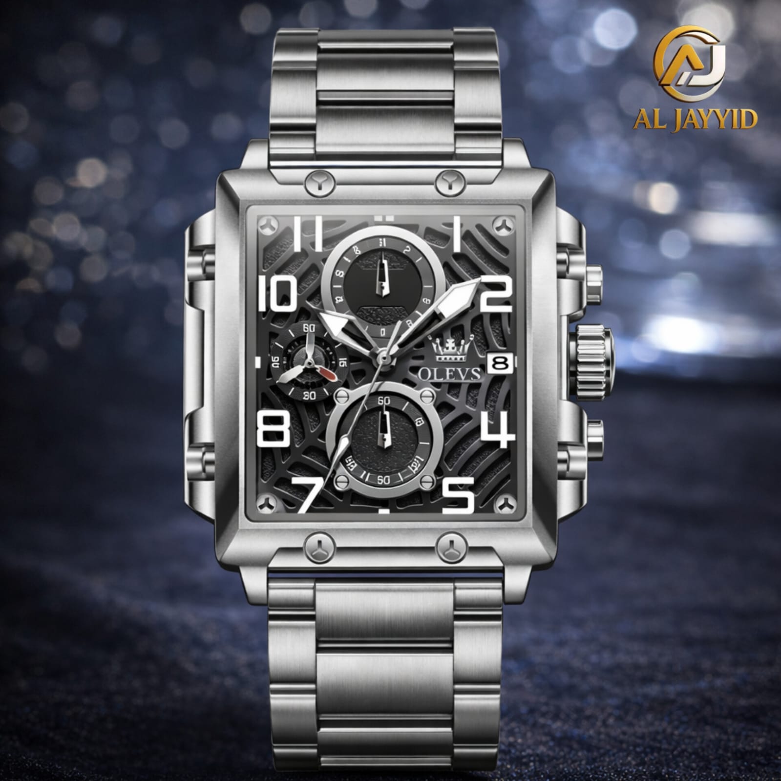 Front view of the OLEVS 2958 Quartz Men's Watch, featuring a silver steel case and bracelet with a black multifunctional dial.