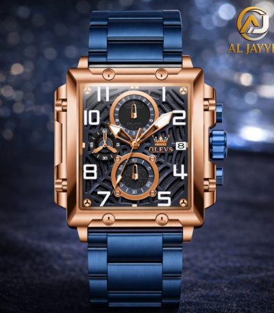 A front view of the OLEVS 2958 Multifunctional Men's Watch, showing its square gold steel case and blue steel band.