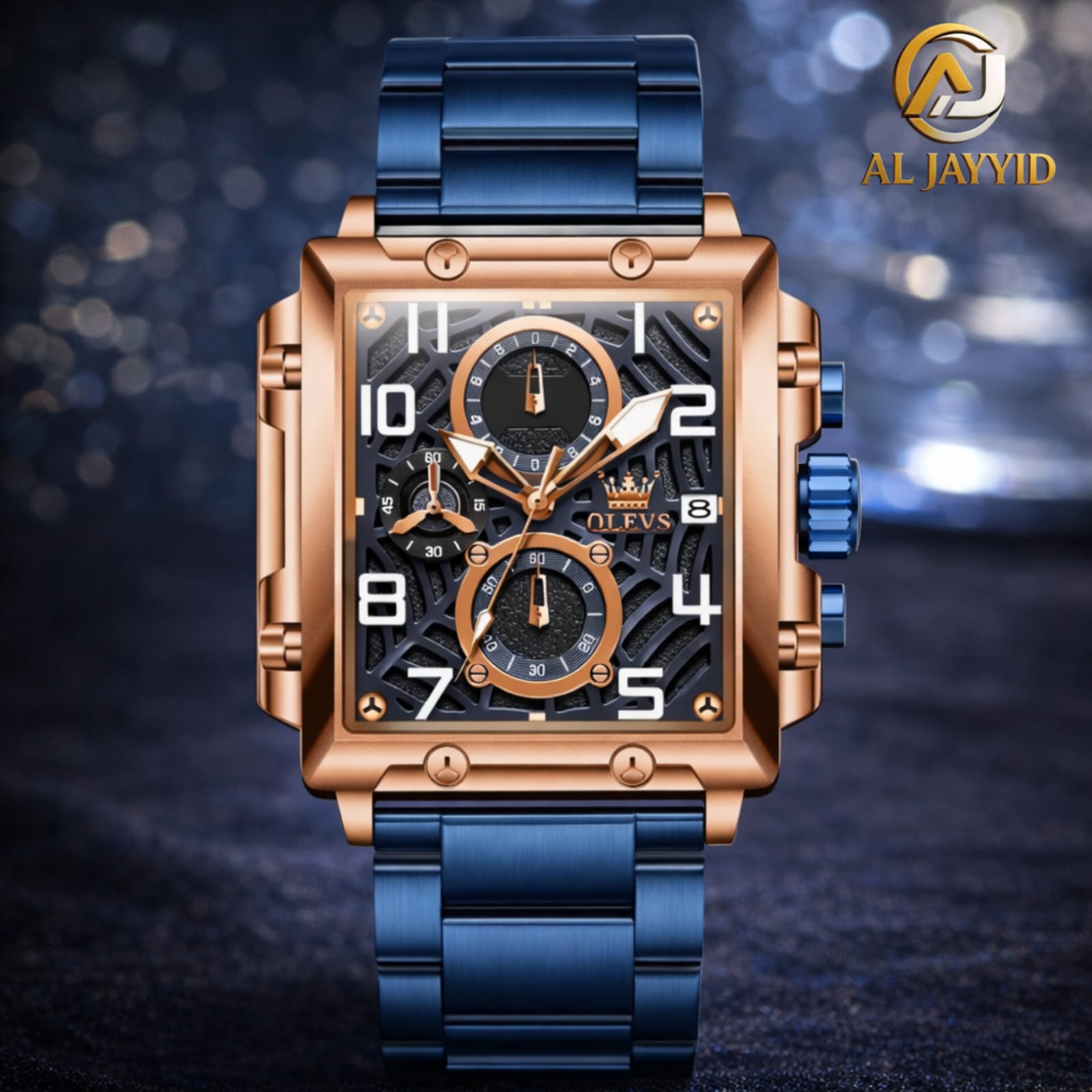 A front view of the OLEVS 2958 Multifunctional Men's Watch, showing its square gold steel case and blue steel band.