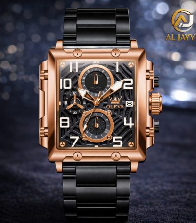 A front view of the OLEVS 2958 Multifunctional Men's Quartz Watch, featuring a rose gold square case and a black metal strap.