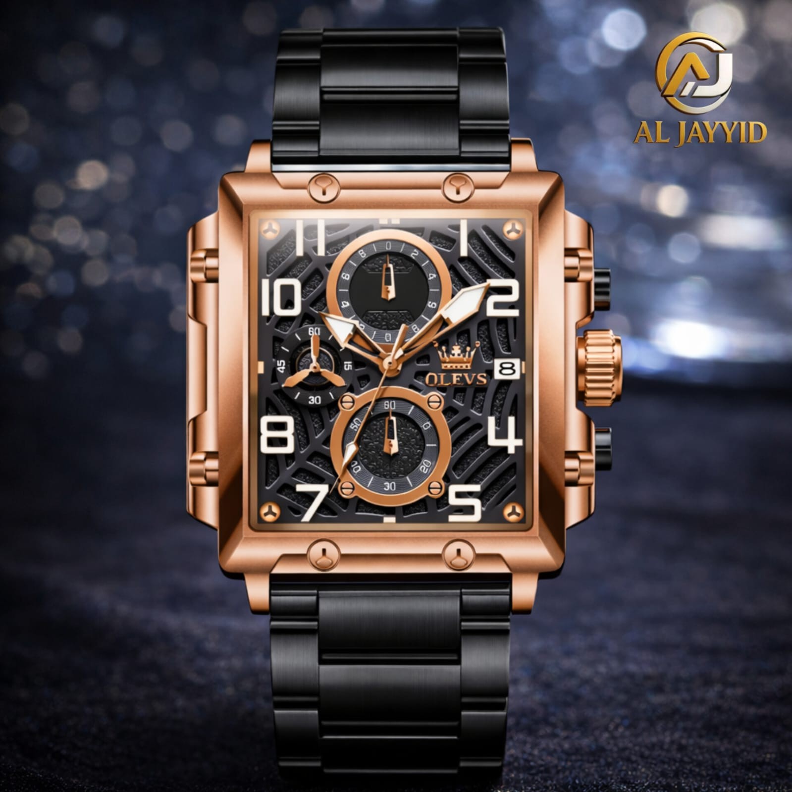 A front view of the OLEVS 2958 Multifunctional Men's Quartz Watch, featuring a rose gold square case and a black metal strap.