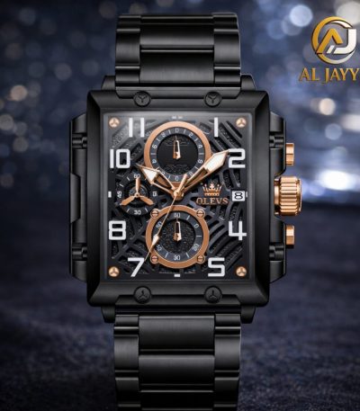 Front view of the OLEVS 2958 men's watch, featuring a square black steel case with rose gold details and a black metal band.