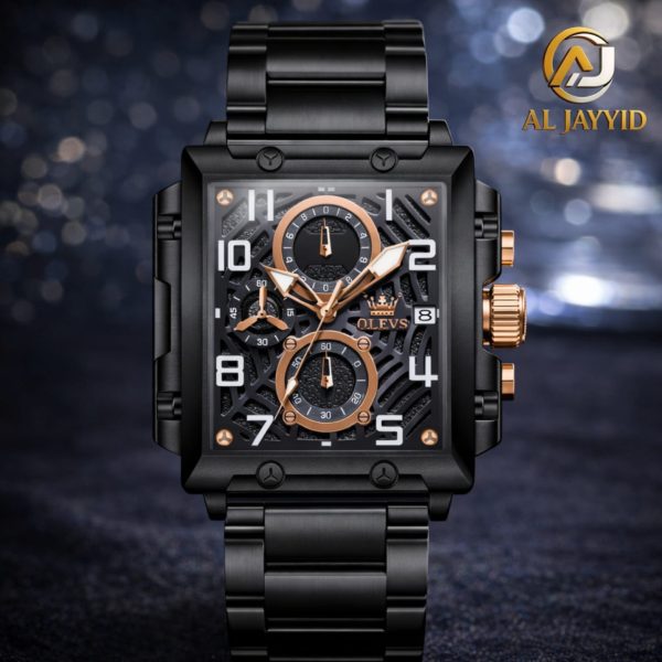 Front view of the OLEVS 2958 men's watch, featuring a square black steel case with rose gold details and a black metal band.