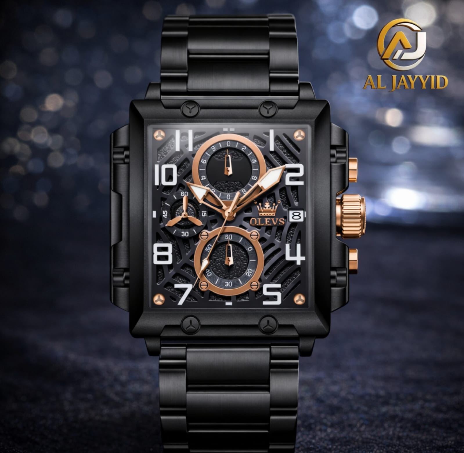 Front view of the OLEVS 2958 men's watch, featuring a square black steel case with rose gold details and a black metal band.