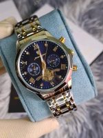 A Poedagar 938 men's luxury watch with a blue dial, chronograph, and a two-tone stainless steel bracelet held in a gloved hand.