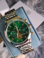 A Poedagar 938 men's luxury stainless steel chronograph watch with a green dial and a two-tone silver and gold-colored band.