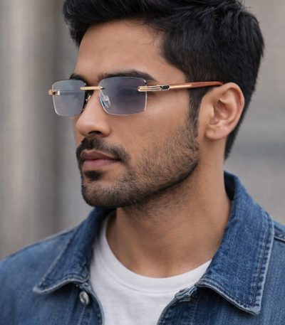 A man with a beard wearing stylish brown wooden square sunglasses with gold frames and gradient lenses.
