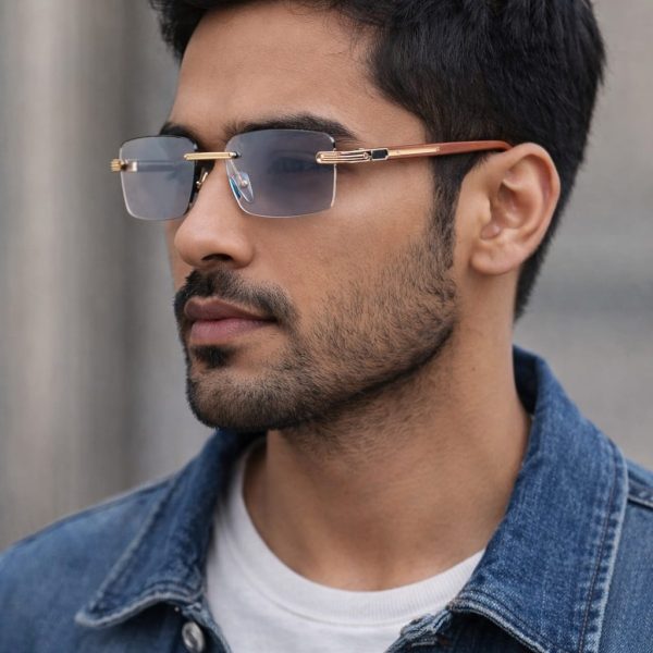A man with a beard wearing stylish brown wooden square sunglasses with gold frames and gradient lenses.