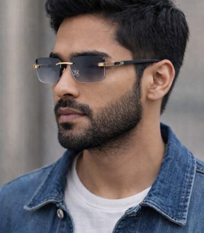 A man with a beard models the Black Wooden Square Sunglasses with gold details while wearing a denim jacket.