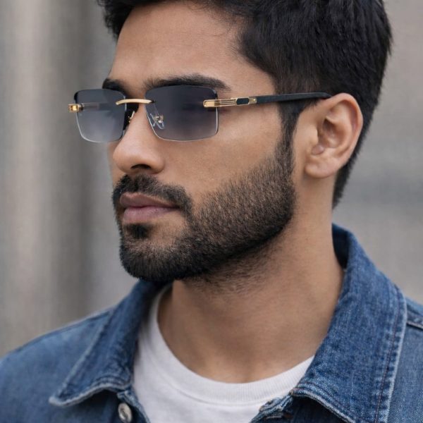 A man with a beard models the Black Wooden Square Sunglasses with gold details while wearing a denim jacket.