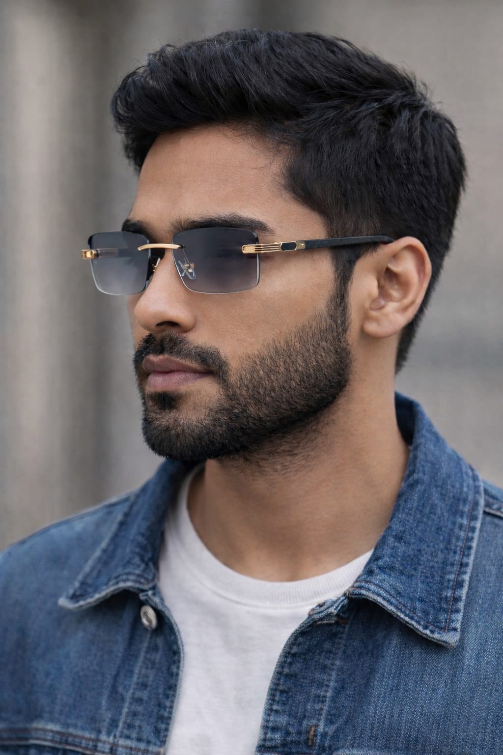 A man with a beard models the Black Wooden Square Sunglasses with gold details while wearing a denim jacket.