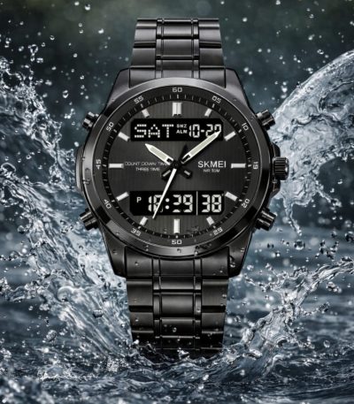 A black SKMEI 2049 analog-digital men's watch with a metal band, shown against a background of splashing water.