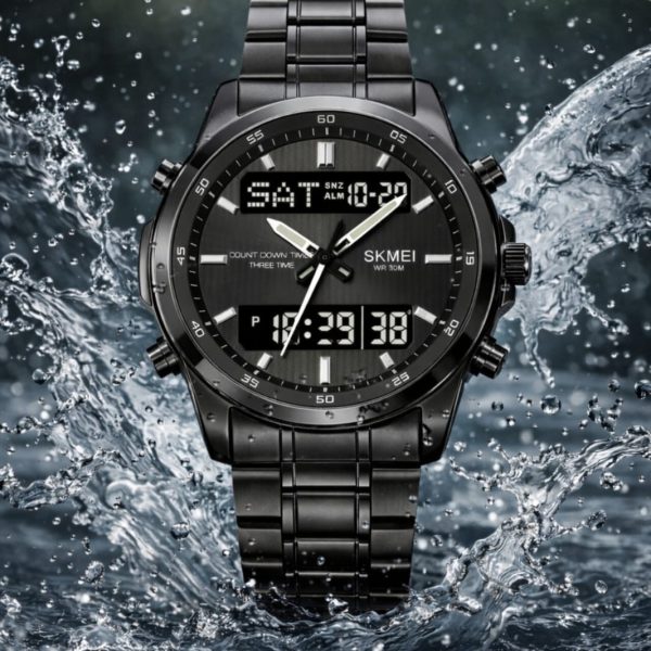 A black SKMEI 2049 analog-digital men's watch with a metal band, shown against a background of splashing water.
