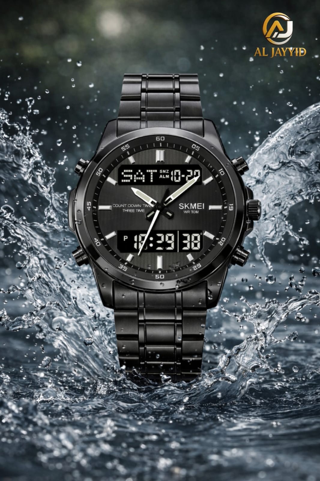 A black SKMEI 2049 analog-digital men's watch with a metal band, shown against a background of splashing water.