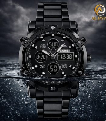 A black stainless steel Skmei 1389 digital watch shown partially submerged in water against a dramatic cloudy sky.