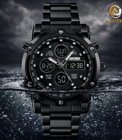 A black stainless steel Skmei 1389 digital watch shown partially submerged in water against a dramatic cloudy sky.