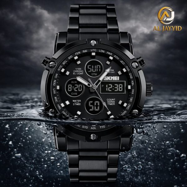 A black stainless steel Skmei 1389 digital watch shown partially submerged in water against a dramatic cloudy sky.