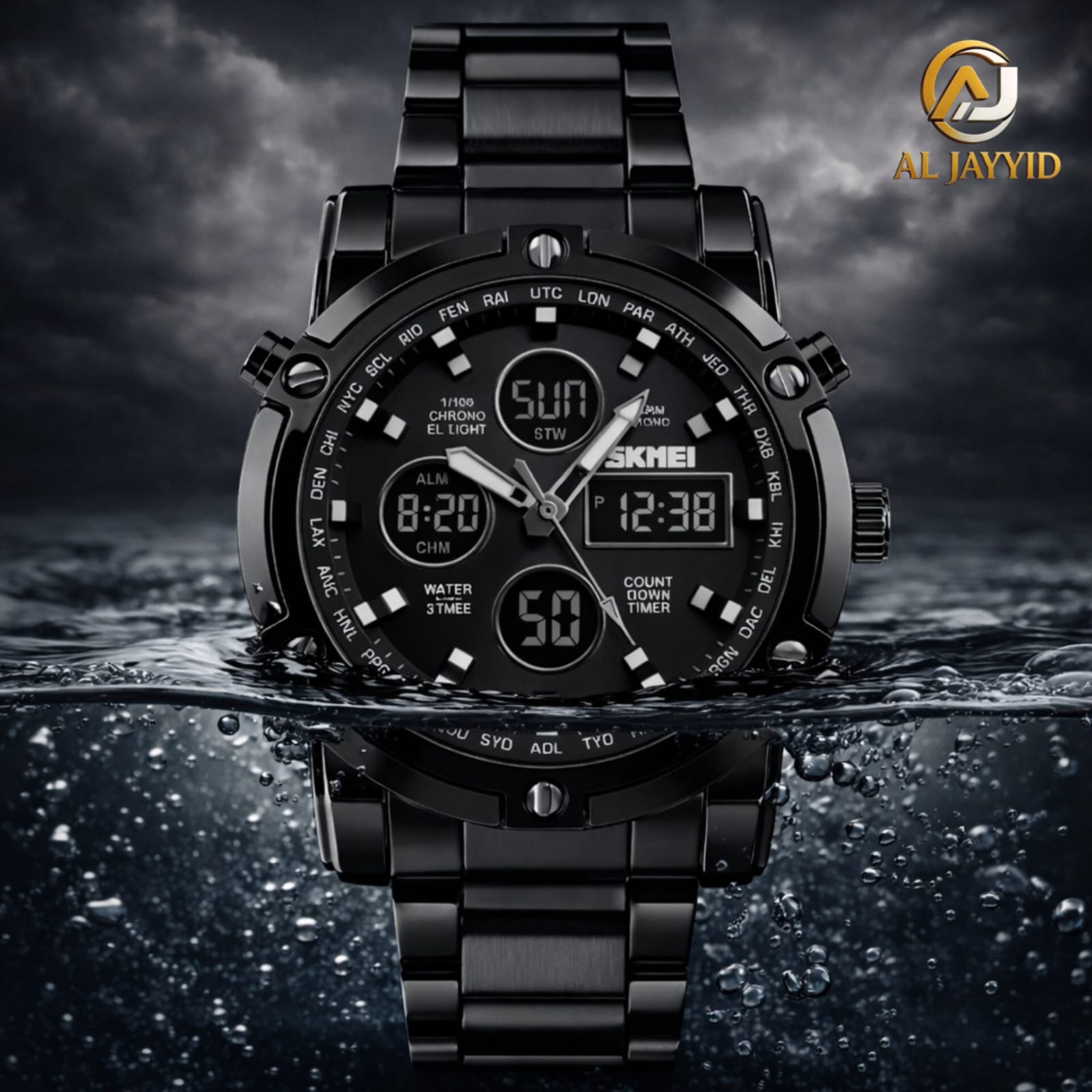 A black stainless steel Skmei 1389 digital watch shown partially submerged in water against a dramatic cloudy sky.