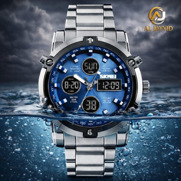 A Skmei 1389 men's watch with a stainless steel bracelet and blue digital-analog face, partially submerged in water.