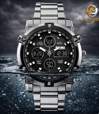 The Skmei 1389 waterproof stainless steel digital watch partially submerged in bubbling water, showcasing its durability.
