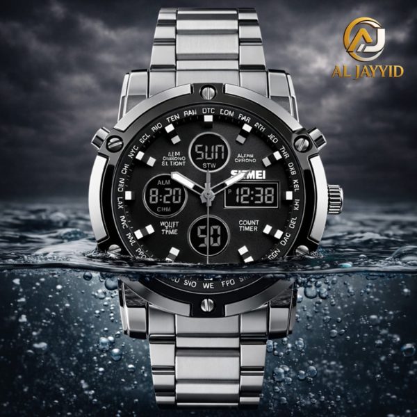 The Skmei 1389 waterproof stainless steel digital watch partially submerged in bubbling water, showcasing its durability.
