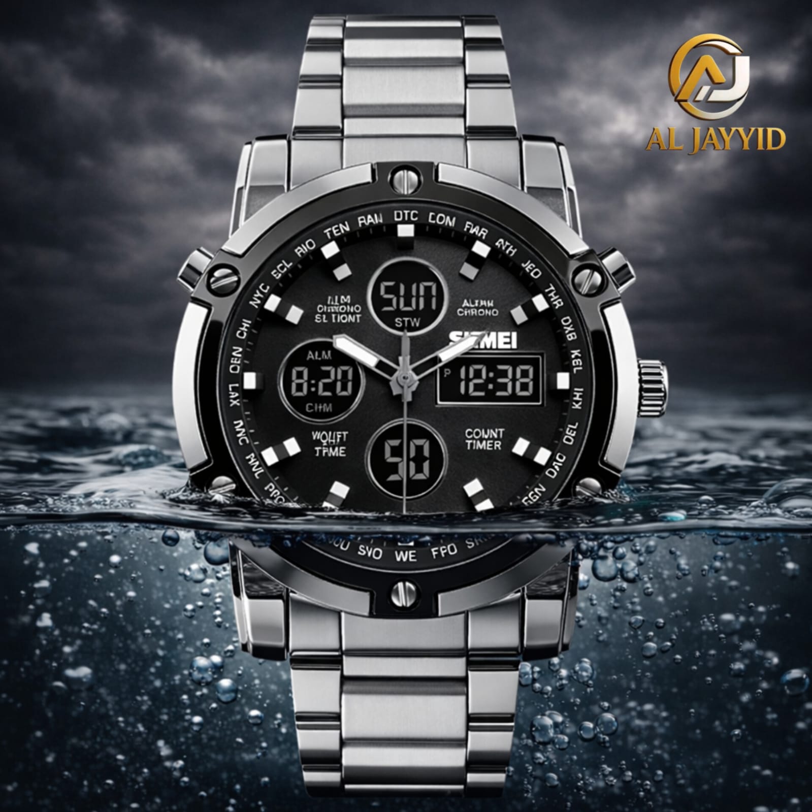 The Skmei 1389 waterproof stainless steel digital watch partially submerged in bubbling water, showcasing its durability.