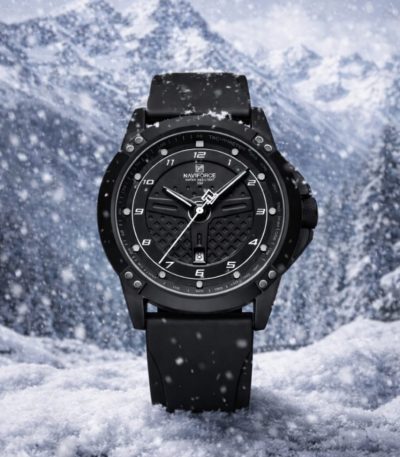 Front view of the NAVIFORCE 8031 men's black quartz watch with a black dial and strap, set against a snowy mountain background.