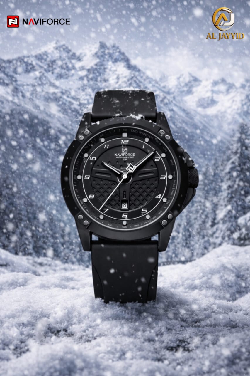 NAVIFORCE 8031 Men's Black Quartz Watch Front view of the NAVIFORCE 8031 men's black quartz watch with a black dial and strap, set against a snowy mountain background.