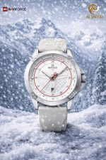 A NAVIFORCE 8031 men's gray quartz watch with a white dial and red accents, shown resting in a snowy mountain landscape.