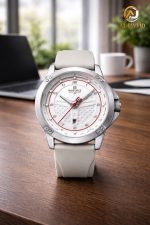 A NAVIFORCE 8031 Men's Gray Quartz Watch with a white face and gray strap, shown resting on a wooden desk.