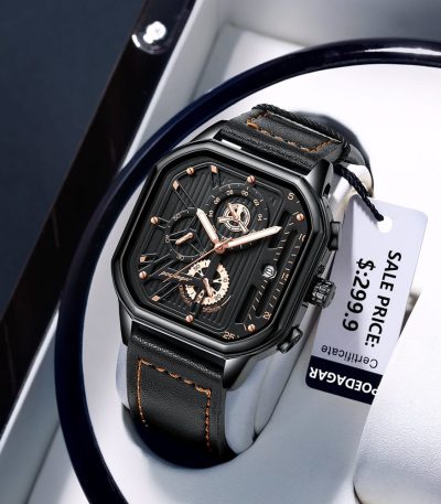 A POEDAGAR 628 men's watch with a black square case, black dial, rose gold details, and a black leather strap, shown in its box.