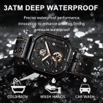 A waterproof POEDAGAR 628 men's watch with a black case and leather strap, shown among splashing water and wet rocks.