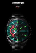 A close-up of the Curren 8402 watch showing its black and green face with luminous hands glowing in the dark.