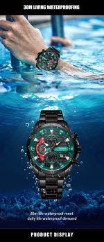 A promotional image of the Curren 8402 Black Green watch showing a man wearing it by a pool and a close-up of it underwater.