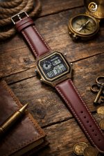 A Casio AE-1200WHL-5AV men's watch with a rose gold case and a brown leather strap, placed on a rustic wooden surface.