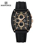 Front view of the Naviforce NF6101 men's watch, featuring a black case with rose gold accents and a black silicone strap.