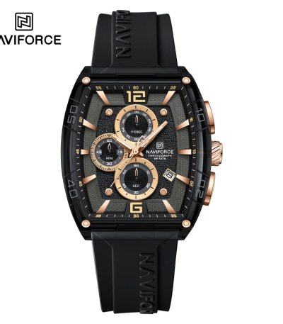 Front view of the Naviforce NF6101 men's watch, featuring a black case with rose gold accents and a black silicone strap.