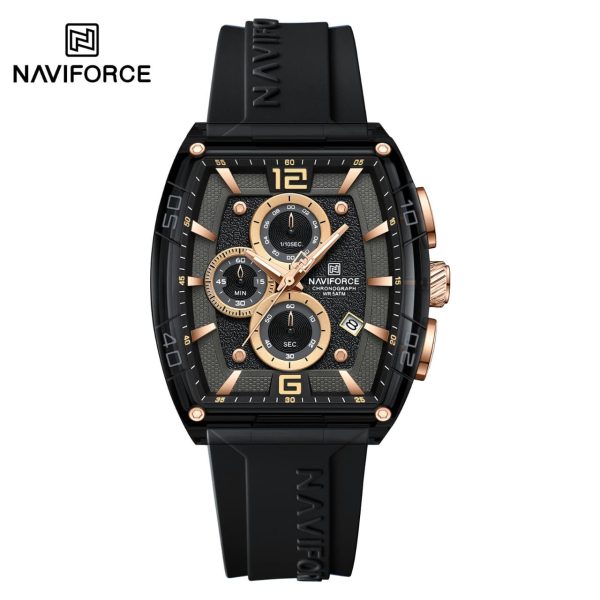 Front view of the Naviforce NF6101 men's watch, featuring a black case with rose gold accents and a black silicone strap.