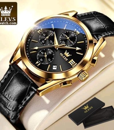 A gold-cased Olevs 5910 watch with a black chronograph dial and a black textured leather strap, shown with its presentation box.
