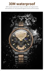 The OLEVS 3645 Wood & Steel Moon Phase Chronograph watch shown partially submerged in water to demonstrate its water resistance.