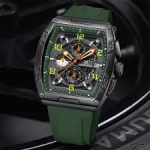 A Naviforce 8052T watch with a dark green silicone strap and a black chronograph dial, shown from an angled perspective.