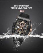 A Naviforce 8052T Black Rose Chronograph Watch splashing into water to showcase its 3ATM waterproof capability.