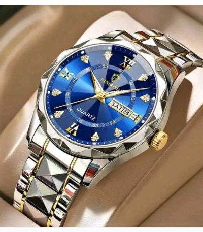 BINBOND 2521 Original Men’s Luxury Watch with a blue dial, gold hands, and two-tone silver and gold metal strap.