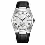 Front view of the SKMEI 9390 Roman Dial Leather Watch, showing its white textured dial and black alligator-patterned leather strap.