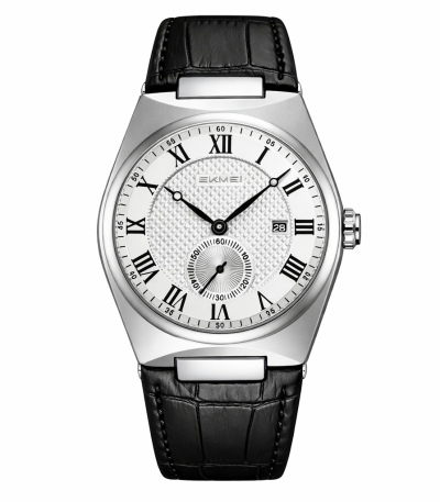 Front view of the SKMEI 9390 Roman Dial Leather Watch, showing its white textured dial and black alligator-patterned leather strap.