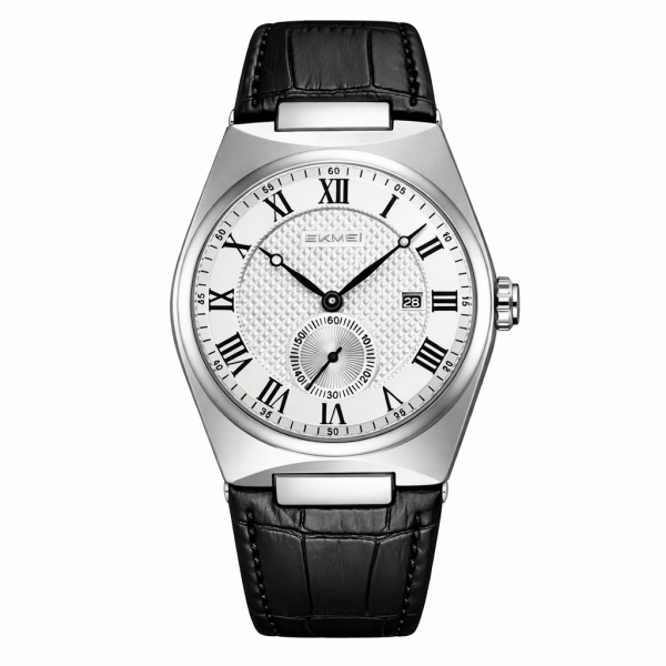 Front view of the SKMEI 9390 Roman Dial Leather Watch, showing its white textured dial and black alligator-patterned leather strap.