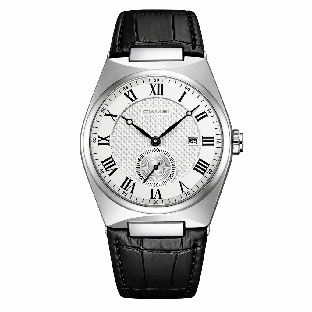 Front view of the SKMEI 9390 Roman Dial Leather Watch, showing its white textured dial and black alligator-patterned leather strap.