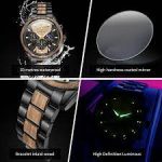 Feature collage for the OLEVS 3645 Wood & Steel Chronograph, showing its waterproof design, coated mirror, wood inlay bracelet, and luminous hands.