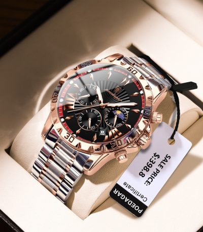 POEDAGAR 968 luxury watch for men, featuring a two-tone rose gold and silver stainless steel band and a black chronograph dial.