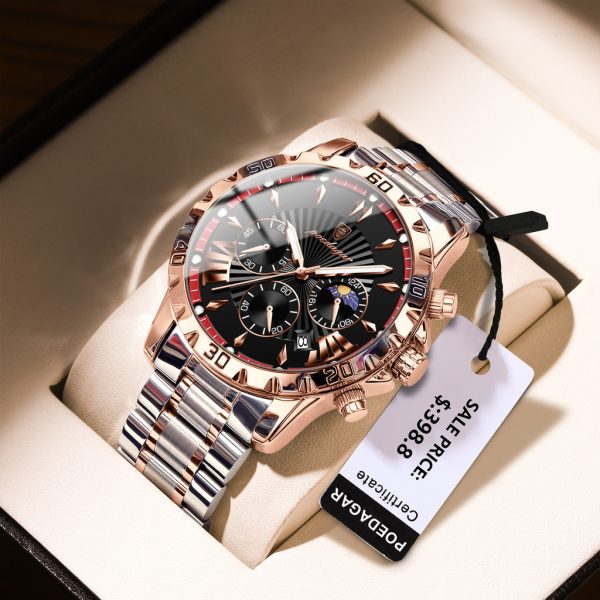 POEDAGAR 968 luxury watch for men, featuring a two-tone rose gold and silver stainless steel band and a black chronograph dial.